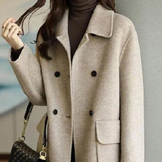 Women Autumn Winter Solid Color Woolen Coat Lapel Double Breasted Flap Pockets Mid-length Loose Fit Thickened Warm Overcoat Streetwear
