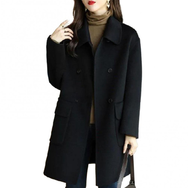 Women Autumn Winter Solid Color Woolen Coat Lapel Double Breasted Flap Pockets Mid-length Loose Fit Thickened Warm Overcoat Streetwear
