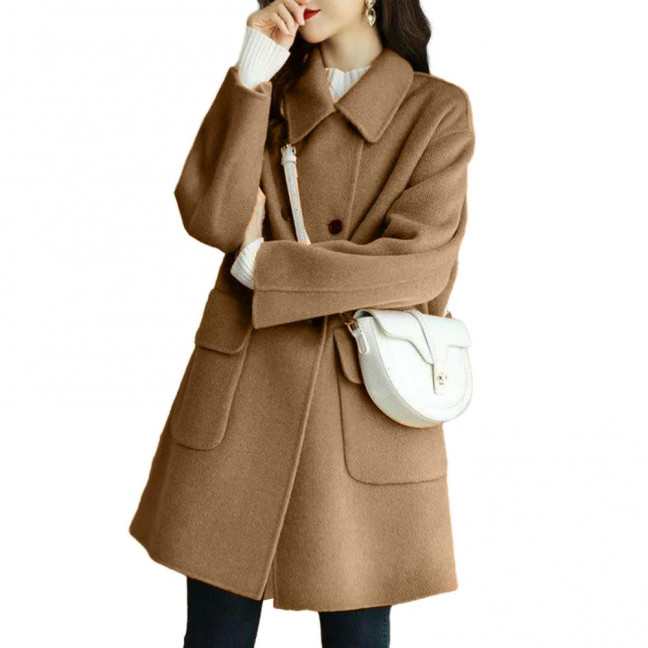Women Autumn Winter Solid Color Woolen Coat Lapel Double Breasted Flap Pockets Mid-length Loose Fit Thickened Warm Overcoat Streetwear