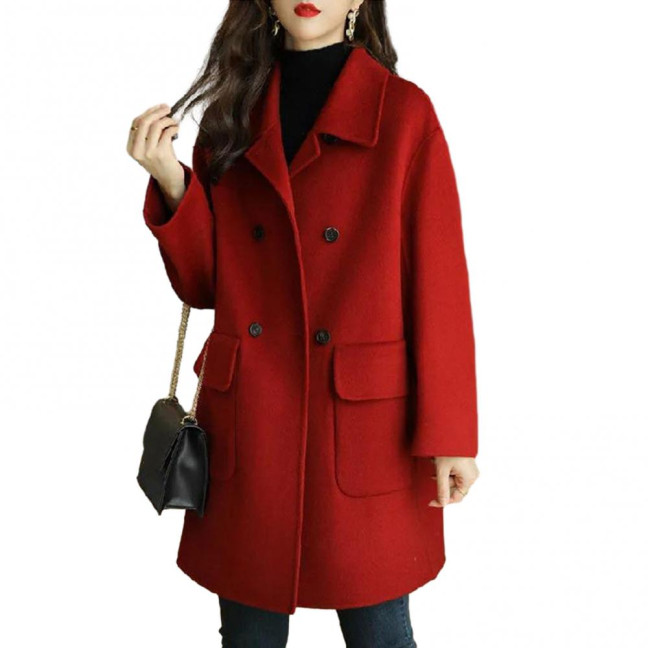 Women Autumn Winter Solid Color Woolen Coat Lapel Double Breasted Flap Pockets Mid-length Loose Fit Thickened Warm Overcoat Streetwear
