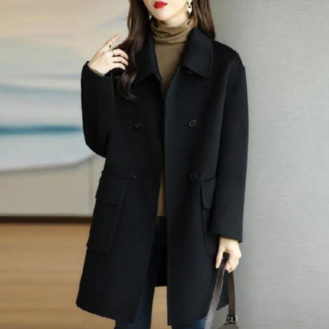 Women Autumn Winter Solid Color Woolen Coat Lapel Double Breasted Flap Pockets Mid-length Loose Fit Thickened Warm Overcoat Streetwear