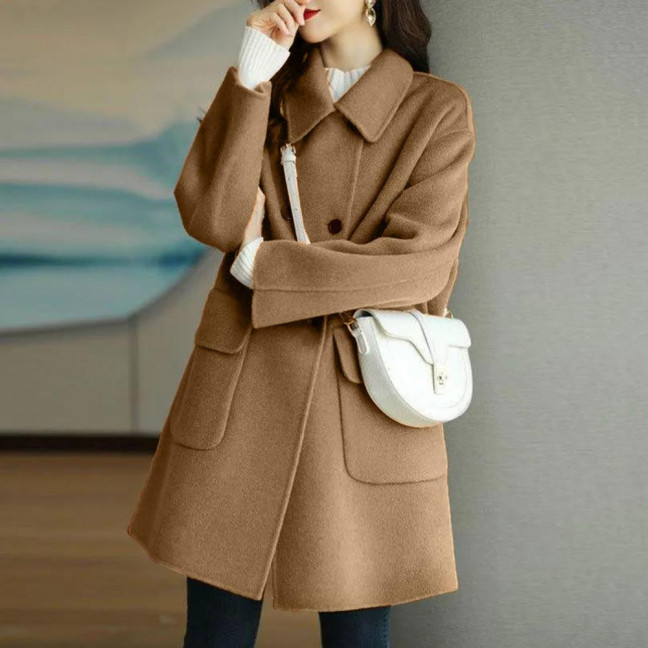 Women Autumn Winter Solid Color Woolen Coat Lapel Double Breasted Flap Pockets Mid-length Loose Fit Thickened Warm Overcoat Streetwear