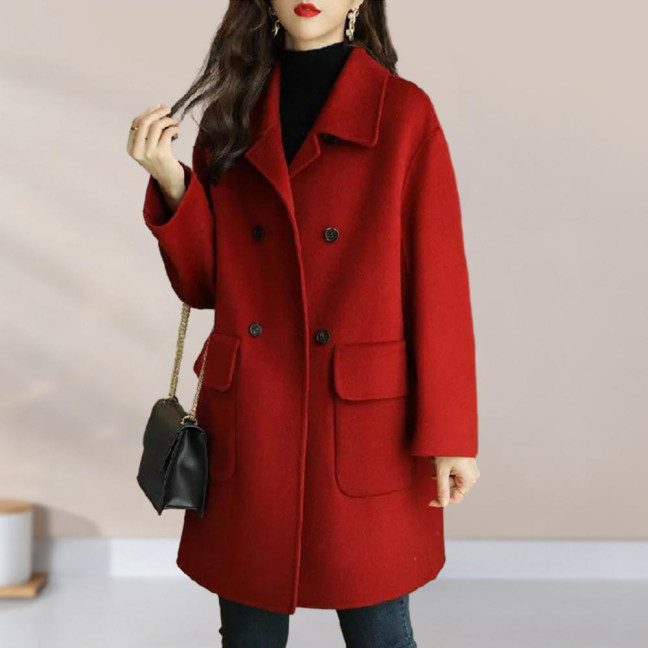 Women Autumn Winter Solid Color Woolen Coat Lapel Double Breasted Flap Pockets Mid-length Loose Fit Thickened Warm Overcoat Streetwear