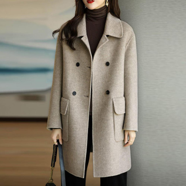 Women Autumn Winter Solid Color Woolen Coat Lapel Double Breasted Flap Pockets Mid-length Loose Fit Thickened Warm Overcoat Streetwear