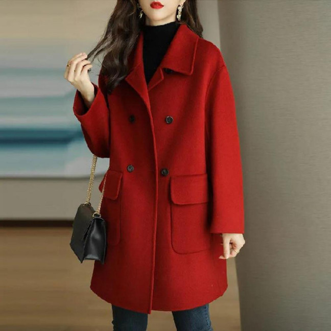 Women Autumn Winter Solid Color Woolen Coat Lapel Double Breasted Flap Pockets Mid-length Loose Fit Thickened Warm Overcoat Streetwear