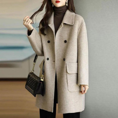 Women Autumn Winter Solid Color Woolen Coat Lapel Double Breasted Flap Pockets Mid-length Loose Fit Thickened Warm Overcoat Streetwear