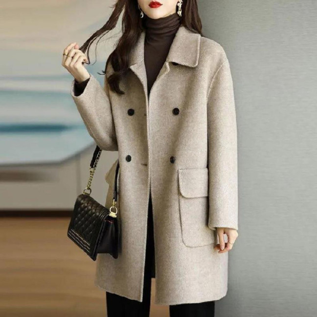 Women Autumn Winter Solid Color Woolen Coat Lapel Double Breasted Flap Pockets Mid-length Loose Fit Thickened Warm Overcoat Streetwear