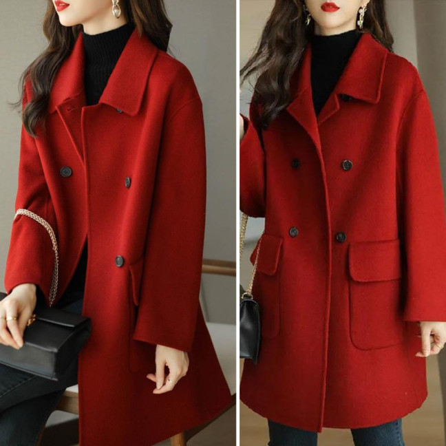 Women Autumn Winter Solid Color Woolen Coat Lapel Double Breasted Flap Pockets Mid-length Loose Fit Thickened Warm Overcoat Streetwear
