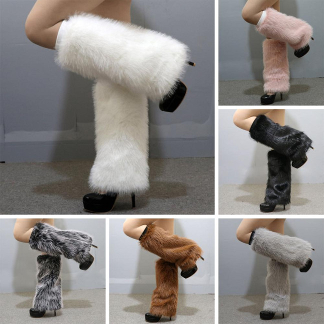 1 Pair Women Imitation Fox Fur Leg Warmers Solid Color Elastic Furry Boot Covers Knee-length Long Socks Fashion Accessories