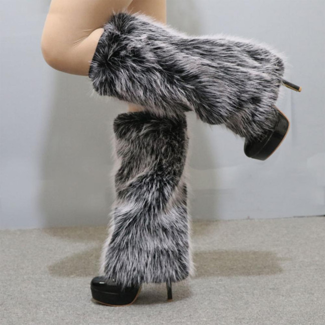 1 Pair Women Imitation Fox Fur Leg Warmers Solid Color Elastic Furry Boot Covers Knee-length Long Socks Fashion Accessories
