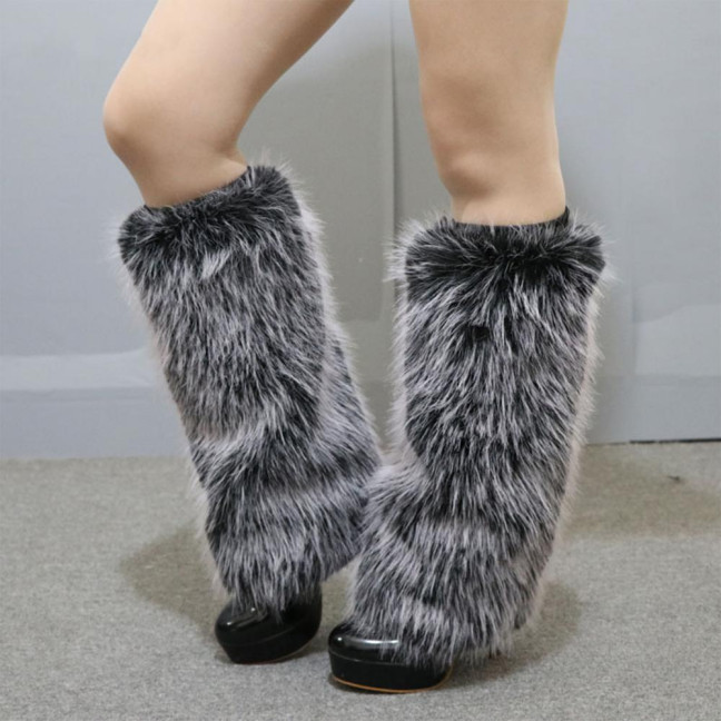 1 Pair Women Imitation Fox Fur Leg Warmers Solid Color Elastic Furry Boot Covers Knee-length Long Socks Fashion Accessories