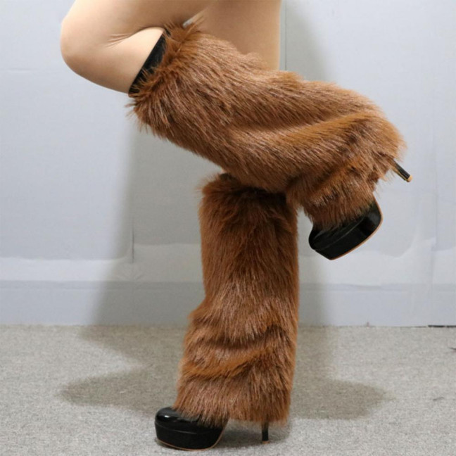 1 Pair Women Imitation Fox Fur Leg Warmers Solid Color Elastic Furry Boot Covers Knee-length Long Socks Fashion Accessories