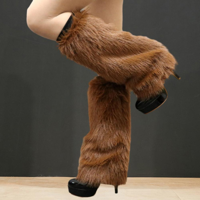 1 Pair Women Imitation Fox Fur Leg Warmers Solid Color Elastic Furry Boot Covers Knee-length Long Socks Fashion Accessories