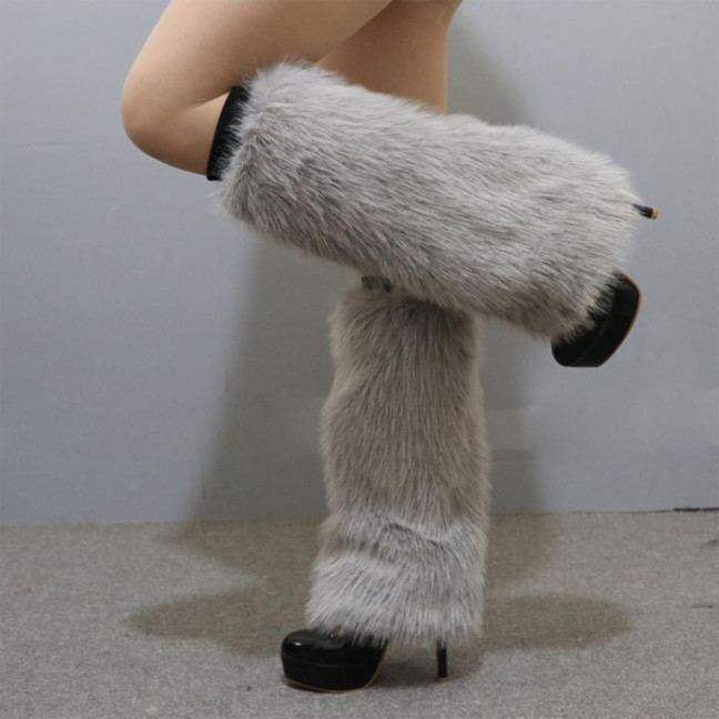 1 Pair Women Imitation Fox Fur Leg Warmers Solid Color Elastic Furry Boot Covers Knee-length Long Socks Fashion Accessories