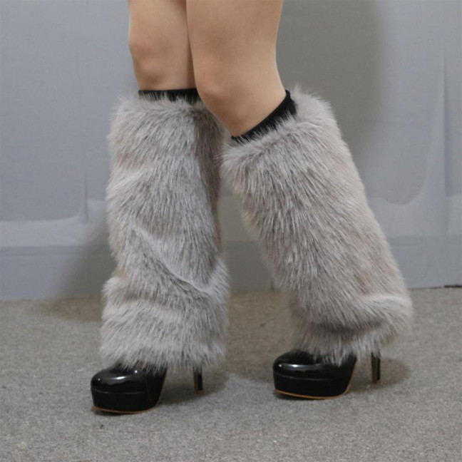 1 Pair Women Imitation Fox Fur Leg Warmers Solid Color Elastic Furry Boot Covers Knee-length Long Socks Fashion Accessories