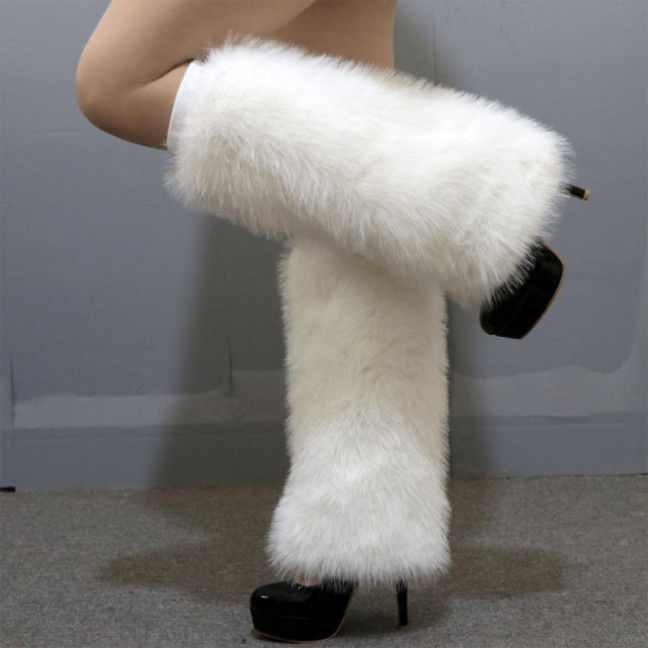 1 Pair Women Imitation Fox Fur Leg Warmers Solid Color Elastic Furry Boot Covers Knee-length Long Socks Fashion Accessories