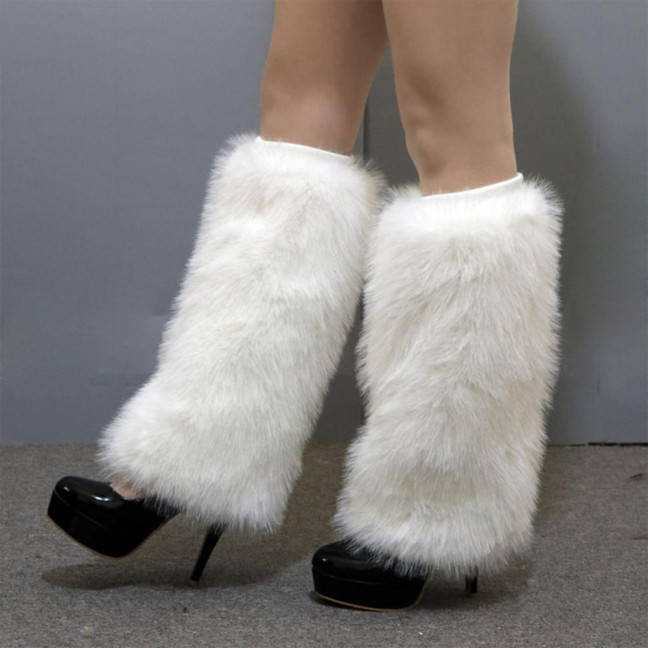 1 Pair Women Imitation Fox Fur Leg Warmers Solid Color Elastic Furry Boot Covers Knee-length Long Socks Fashion Accessories