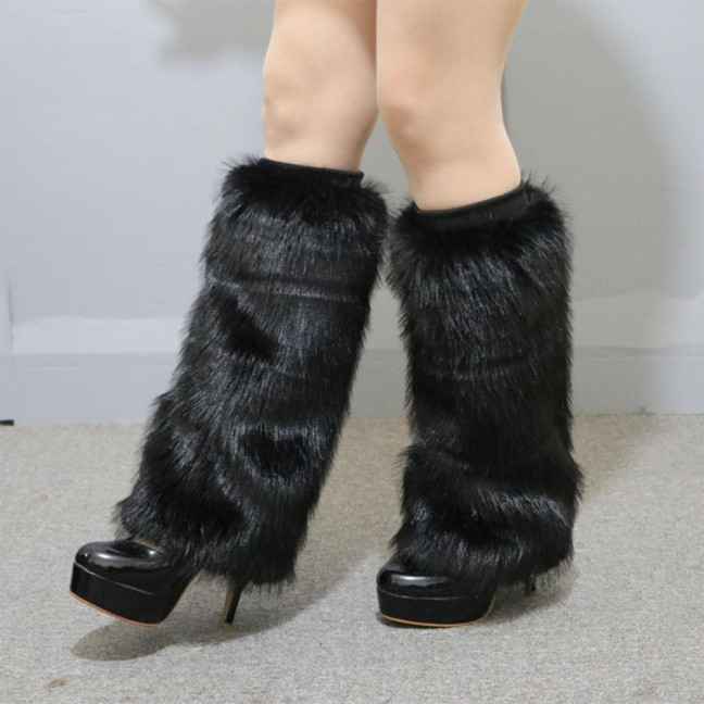 1 Pair Women Imitation Fox Fur Leg Warmers Solid Color Elastic Furry Boot Covers Knee-length Long Socks Fashion Accessories