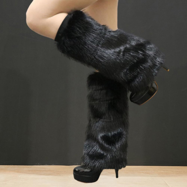1 Pair Women Imitation Fox Fur Leg Warmers Solid Color Elastic Furry Boot Covers Knee-length Long Socks Fashion Accessories