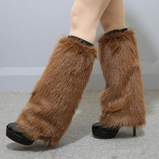 1 Pair Women Imitation Fox Fur Leg Warmers Solid Color Elastic Furry Boot Covers Knee-length Long Socks Fashion Accessories