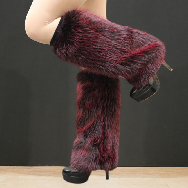 1 Pair Women Imitation Fox Fur Leg Warmers Solid Color Elastic Furry Boot Covers Knee-length Long Socks Fashion Accessories