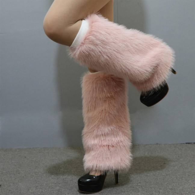 1 Pair Women Imitation Fox Fur Leg Warmers Solid Color Elastic Furry Boot Covers Knee-length Long Socks Fashion Accessories