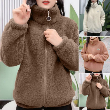 Women Winter Sherpa Coat Fuzzy Warm Solid Color Stand Collar Loose Fit Zipper Closure Dual Pocket Drop Shoulder Long Sleeves Ladies Female Coat Outwear