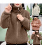 Women Winter Sherpa Coat Fuzzy Warm Solid Color Stand Collar Loose Fit Zipper Closure Dual Pocket Drop Shoulder Long Sleeves Ladies Female Coat Outwear