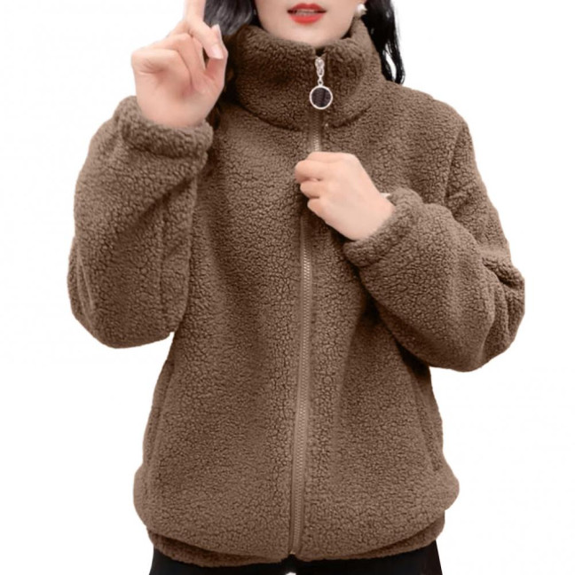 Women Winter Sherpa Coat Fuzzy Warm Solid Color Stand Collar Loose Fit Zipper Closure Dual Pocket Drop Shoulder Long Sleeves Ladies Female Coat Outwear