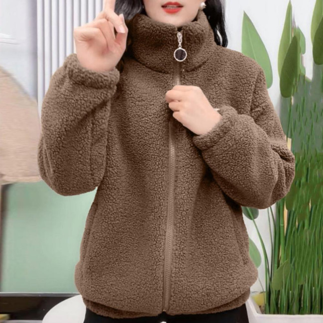 Women Winter Sherpa Coat Fuzzy Warm Solid Color Stand Collar Loose Fit Zipper Closure Dual Pocket Drop Shoulder Long Sleeves Ladies Female Coat Outwear