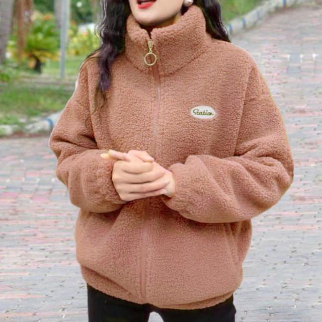 Women Winter Sherpa Coat Fuzzy Warm Solid Color Stand Collar Loose Fit Zipper Closure Dual Pocket Drop Shoulder Long Sleeves Ladies Female Coat Outwear