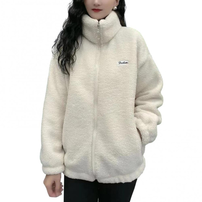 Women Winter Sherpa Coat Fuzzy Warm Solid Color Stand Collar Loose Fit Zipper Closure Dual Pocket Drop Shoulder Long Sleeves Ladies Female Coat Outwear