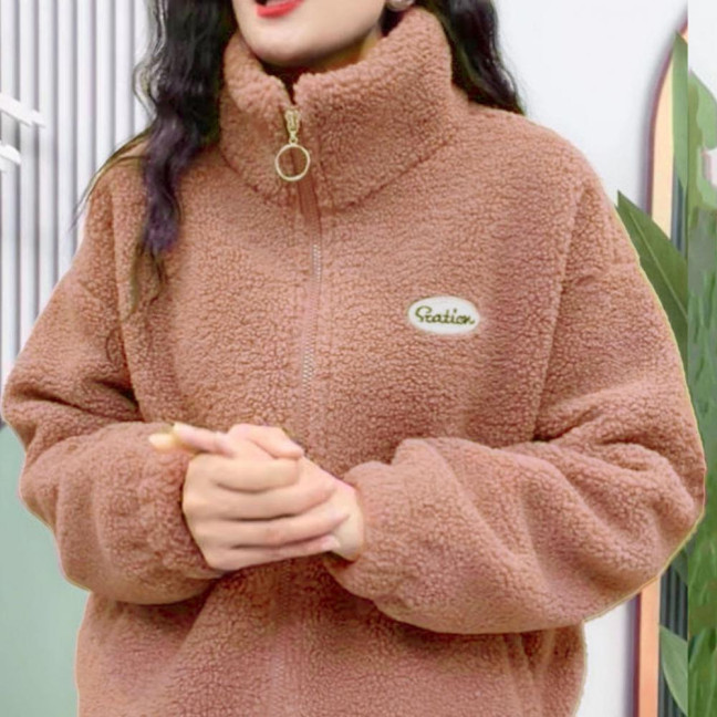 Women Winter Sherpa Coat Fuzzy Warm Solid Color Stand Collar Loose Fit Zipper Closure Dual Pocket Drop Shoulder Long Sleeves Ladies Female Coat Outwear