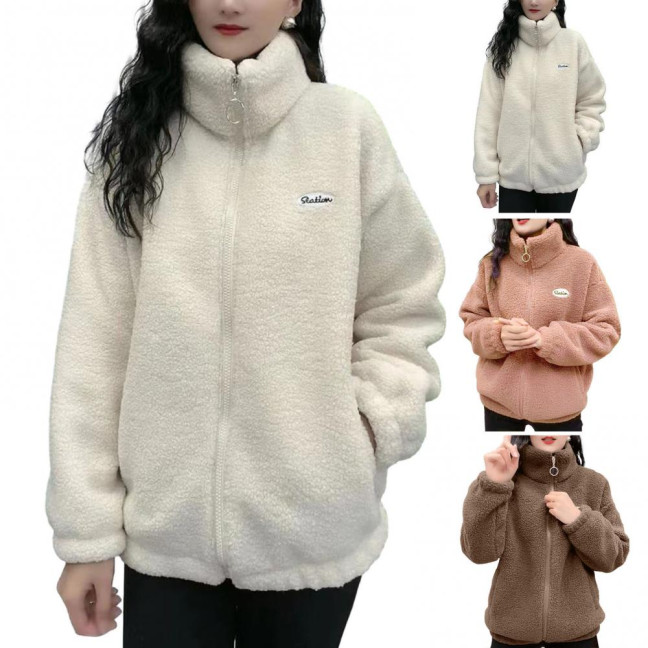Women Winter Sherpa Coat Fuzzy Warm Solid Color Stand Collar Loose Fit Zipper Closure Dual Pocket Drop Shoulder Long Sleeves Ladies Female Coat Outwear