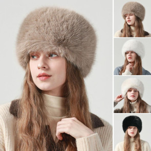 Women Winter Hat Faux Fur Soft Thick Elastic Anti-slip Warm Windproof No Brim Solid Color Ear Protection Basin Hat Outdoor Hunting Cap 