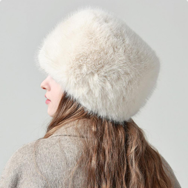 Women Winter Hat Faux Fur Soft Thick Elastic Anti-slip Warm Windproof No Brim Solid Color Ear Protection Basin Hat Outdoor Hunting Cap 
