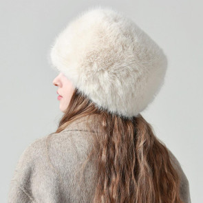 Women Winter Hat Faux Fur Soft Thick Elastic Anti-slip Warm Windproof No Brim Solid Color Ear Protection Basin Hat Outdoor Hunting Cap 