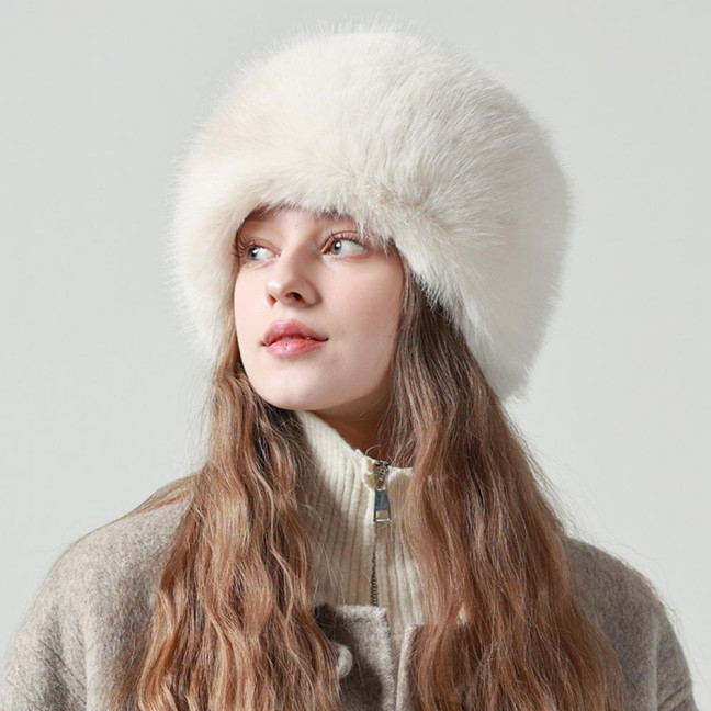 Women Winter Hat Faux Fur Soft Thick Elastic Anti-slip Warm Windproof No Brim Solid Color Ear Protection Basin Hat Outdoor Hunting Cap 