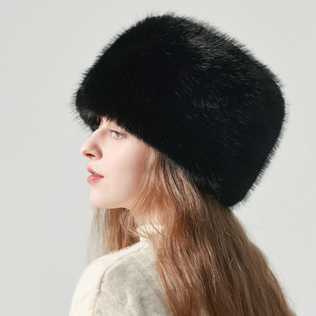 Women Winter Hat Faux Fur Soft Thick Elastic Anti-slip Warm Windproof No Brim Solid Color Ear Protection Basin Hat Outdoor Hunting Cap 