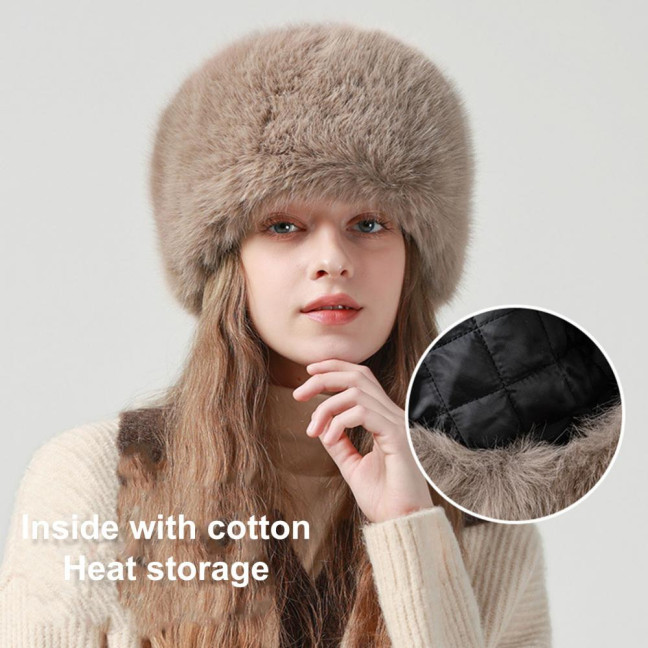 Women Winter Hat Faux Fur Soft Thick Elastic Anti-slip Warm Windproof No Brim Solid Color Ear Protection Basin Hat Outdoor Hunting Cap 