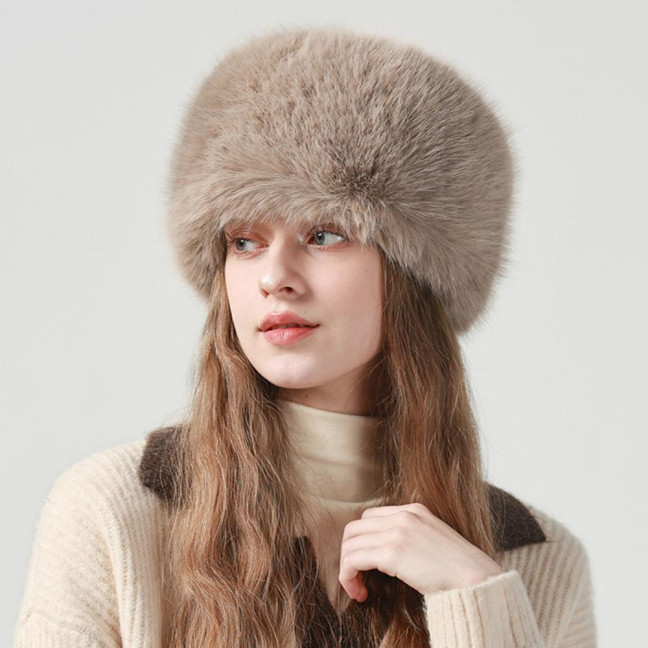 Women Winter Hat Faux Fur Soft Thick Elastic Anti-slip Warm Windproof No Brim Solid Color Ear Protection Basin Hat Outdoor Hunting Cap 