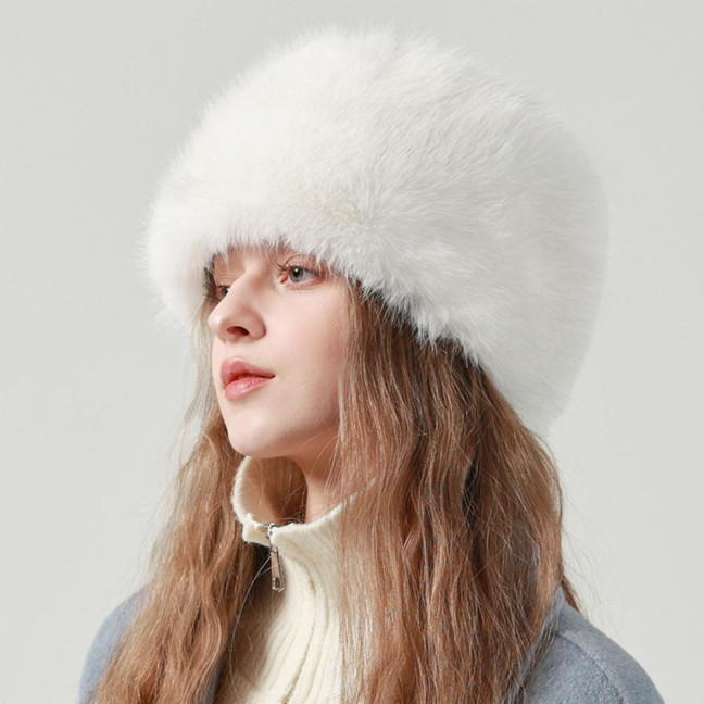 Women Winter Hat Faux Fur Soft Thick Elastic Anti-slip Warm Windproof No Brim Solid Color Ear Protection Basin Hat Outdoor Hunting Cap 