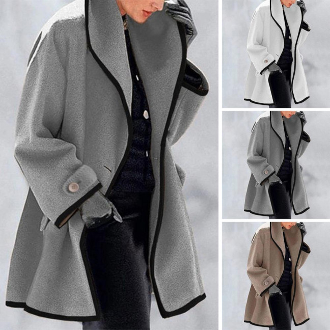Women Fall Winter Jacket Loose Color Matching Lapel Long Sleeve Contrast Color Mid Length Pockets Cardigan Thick Warm Lady Streetwear Coat 