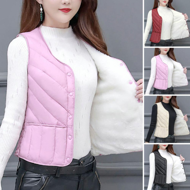 Women Winter Vest Coat Padded Solid Color Sleeveless Thick Soft Slim Fit Single-breasted Cardigan V Neck Windproof Warm Lady Waistcoat 