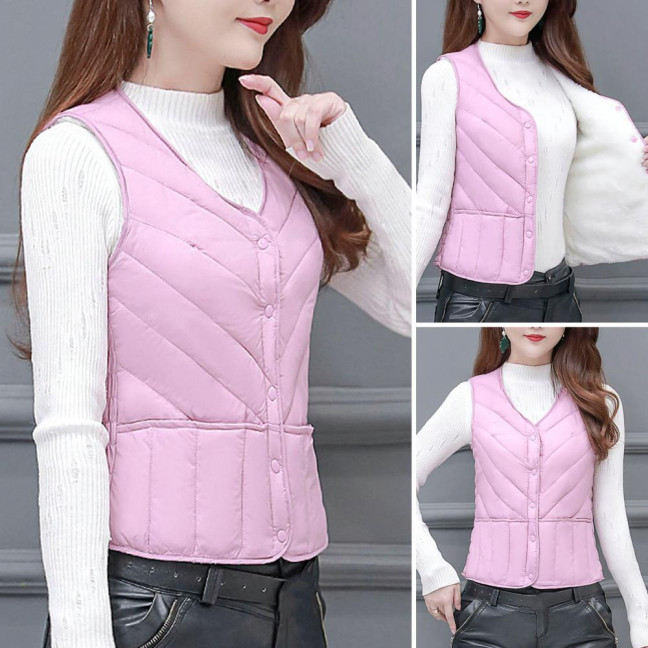 Women Winter Vest Coat Padded Solid Color Sleeveless Thick Soft Slim Fit Single-breasted Cardigan V Neck Windproof Warm Lady Waistcoat 
