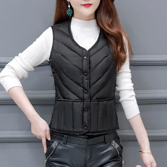 Women Winter Vest Coat Padded Solid Color Sleeveless Thick Soft Slim Fit Single-breasted Cardigan V Neck Windproof Warm Lady Waistcoat 