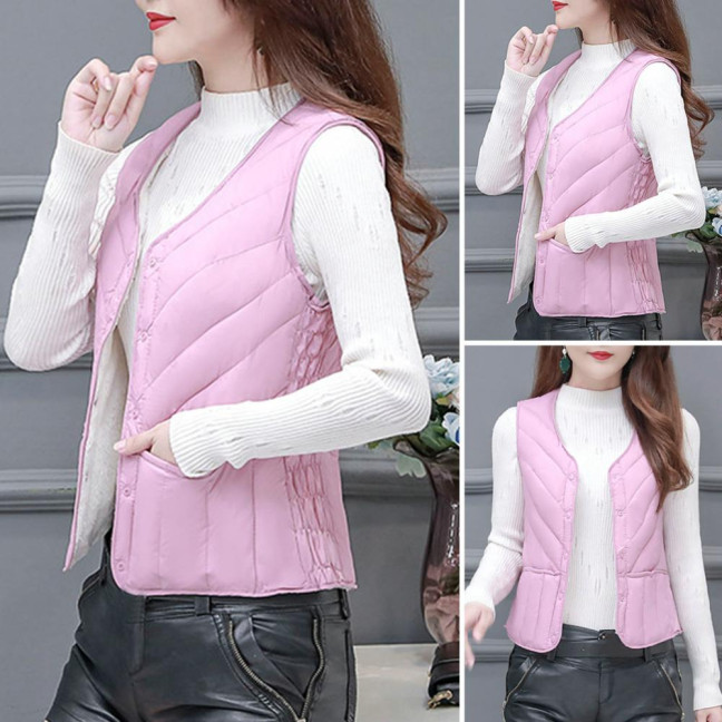 Women Winter Vest Coat Padded Solid Color Sleeveless Thick Soft Slim Fit Single-breasted Cardigan V Neck Windproof Warm Lady Waistcoat 