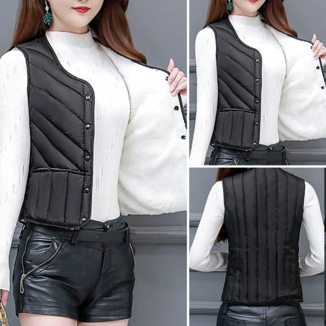 Women Winter Vest Coat Padded Solid Color Sleeveless Thick Soft Slim Fit Single-breasted Cardigan V Neck Windproof Warm Lady Waistcoat 
