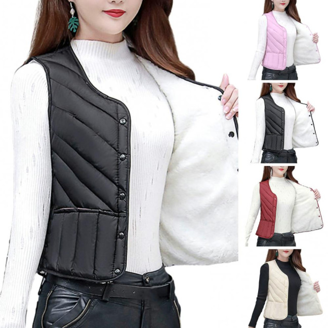 Women Winter Vest Coat Padded Solid Color Sleeveless Thick Soft Slim Fit Single-breasted Cardigan V Neck Windproof Warm Lady Waistcoat 