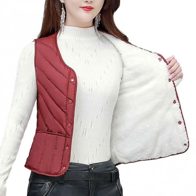 Women Winter Vest Coat Padded Solid Color Sleeveless Thick Soft Slim Fit Single-breasted Cardigan V Neck Windproof Warm Lady Waistcoat 